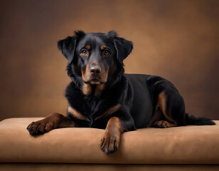 Portrait of a purebred rottweiler on a brown background