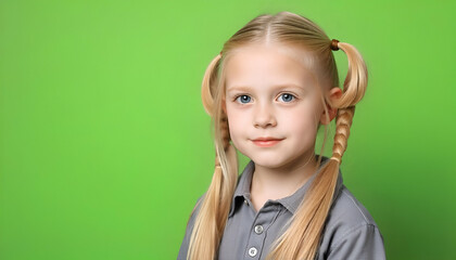 Wall Mural - A young Caucasian girl with long blonde, smiling against a green background