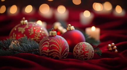 Wall Mural - Elegant Christmas ornaments on a rich red fabric with candles glowing softly in the background