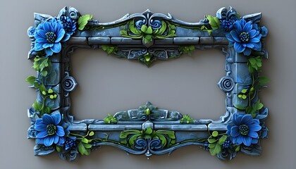 Wall Mural - Intricate stone frame adorned with vibrant blue and green motifs, ideal for a mystical or medieval atmosphere