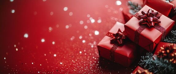 Poster - Festively decorated red gift boxes with bows on a shimmering background during the holiday season