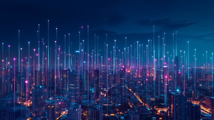 Smart city digital transformation development concept. Band lights over modern urban cityscape at night. New fast internet communication 5G technology. Fiber Optics