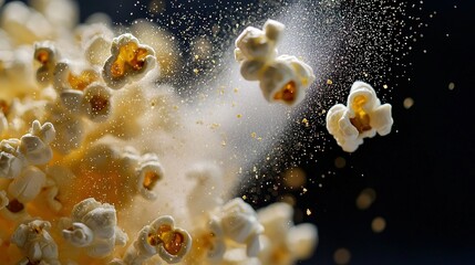 Canvas Print -   A close-up shot of a popcorn kernel adorned with yellow and white sprinkles against a dark backdrop