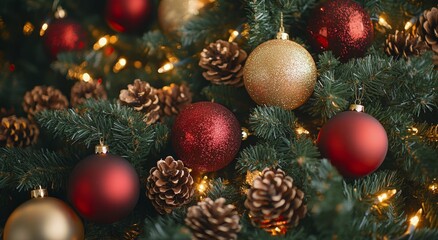 Sticker - Close-up of a decorated Christmas tree featuring ornaments, pine cones, and warm fairy lights