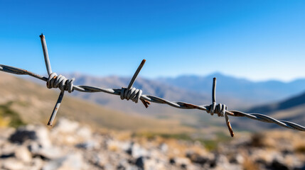 Close-up of barbed wire under a clear blue sky, with blurred mountains in the background, depicting a stark contrast between nature and human-made barriers.