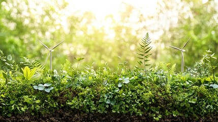 Canvas Print -   Wind turbines line a verdant field beside dense foliage