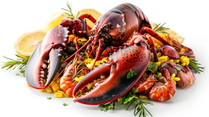 Cooked lobster with claws, shrimp, lemons, and rosemary on a white background.