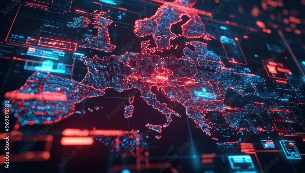 A digital map of Europe with red and blue lines connecting the European ...