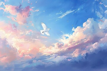 Wall Mural - a white dove flies through a sky full of clouds,
