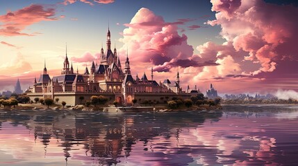 Poster - magic fantasy castle in pink sunset lights