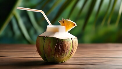 Tropical coconut refreshment with creamy liquid and straw, capturing the essence of summer bliss