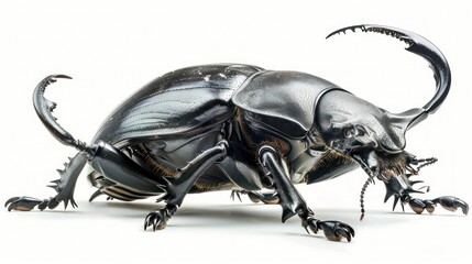 Wall Mural - Black beetle with long horn and spiky legs isolated on white background.