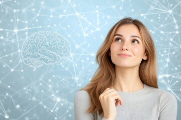 Wall Mural - Cognitive enhancement neuromodulation cerebral hemisphere neurogenesis and sensory integration cheerful woman with conceptual brain art on digital backdrop symbolizing future innovation and learning