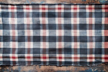 A close-up of a rustic red and blue plaid tablecloth laying flat on a wooden table. The tablecloth is made of a coarse, woven fabric, and the colors are slightly faded, giving it a vintage look. The b