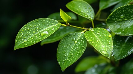 Wall Mural - A close-up photograph capturing dew drops glistening on vibrant green leaves, symbolizing freshness, new beginnings, life, growth, and tranquility.