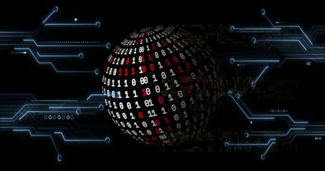 Poster - Binary code sphere with digital circuits and data processing animation