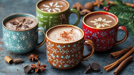   Three steaming cups of hot chocolate garnished with cinnamon and star anise sprinkles on a festive table