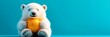 © Nima - A cute polar bear cub sits on a vibrant blue background, holding a bright orange in its paws. The cub's innocent expression and playful demeanor create a heartwarming image, symbolizing purity, joy, a