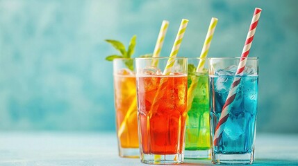 Sticker -   Three colored drinks line up in a row with straws in each glass; one glass contains green, blue, red, yellow, orange, pink, and green and blue drinks