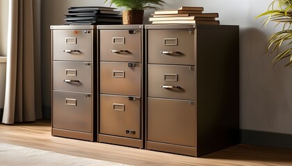 Sleek tan metal file cabinet featuring five organized drawers for efficient storage