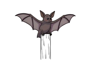 an illustration of a bat perched on a white fence post, featuring its sleek body and pointed ears, with a clean white background create with ai