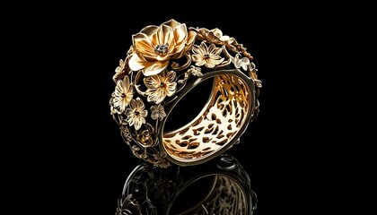 Intricate gold ring with ornate filigree design set against a sleek black backdrop, ideal for showcasing luxury jewelry and wedding elegance