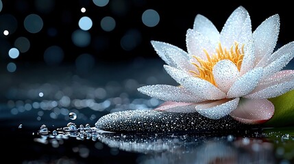 Poster -   Water lily close-up with drops on petals and leaf on other side