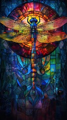 Sticker - A colorful stained glass dragonfly with a blue body and yellow wings