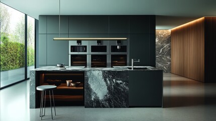 Poster - Modern Kitchen with Dark Cabinets, Marble Countertop, and Stainless Steel Appliances