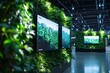 © Nima - A modern interior with three screens displaying lush greenery, showcasing the intersection of technology and nature. The space symbolizes environmental consciousness, innovation, and the potential for