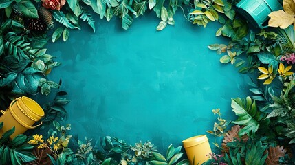 Poster -   A photo of a blue backdrop with green foliage and yellow watering cans in the foreground is a blue background with green leaves and yellow watering cans in the center