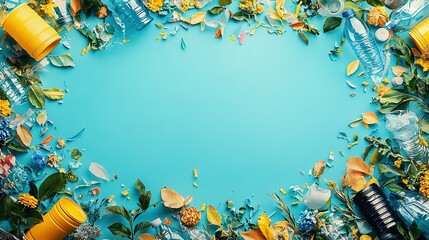 Wall Mural -   An overview of a blue backdrop featuring plastic bottles, flowers, and confetti