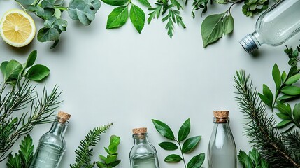 Poster -   A table filled with multiple water bottles surrounded by green foliage and adjacent to lemons, with a lemon slice on display