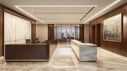 Canvas Print - Modern Office Lobby with Marble Floors and Wood Accents