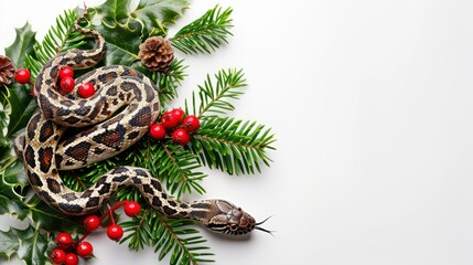 Wall Mural - A snake with green leaves and red berries on a white background.