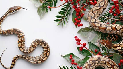 Wall Mural - Two snakes with scales and patterns are positioned on opposite sides of a white background. In between them, there are green leaves, twigs, and red berries that are sprinkled with glitter.