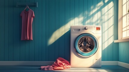 Wall Mural - A sunny laundry room with a modern washing machine and a pink dress hanging on the wall, showcasing a homely atmosphere in daylight