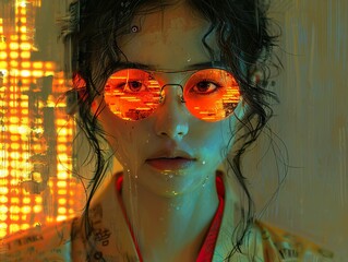 Cyberpunk Woman with City Lights Reflected in Her Glasses