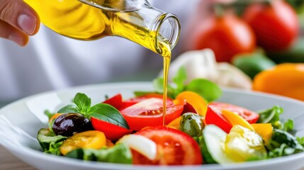 Canvas Print - A person pouring oil on a salad with tomatoes, cucumbers and other vegetables, AI