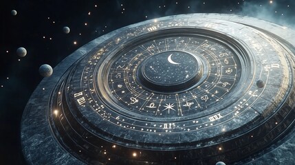 Wall Mural - astrological wheel with celestial symbols and planets against a starry background in a cosmic settin