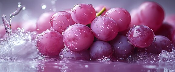 Sticker - Close-up of pink grapes with water droplets and splash.