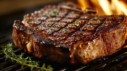   A close-up of a juicy steak on a hot grill with a fiery flame in the center and a fragrant sprig of rosemary by its side