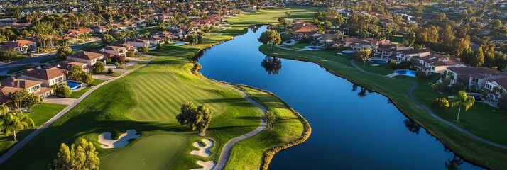 An aerial view showcasing a pristine golf course with winding waterways, surrounded by luxurious homes in a tranquil setting. The image embodies luxury, leisure, and natural beauty.