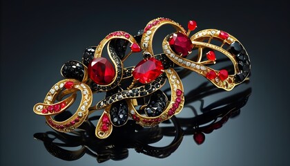 Wall Mural - Elegantly crafted gold brooch featuring a striking red gem adorned with black stones