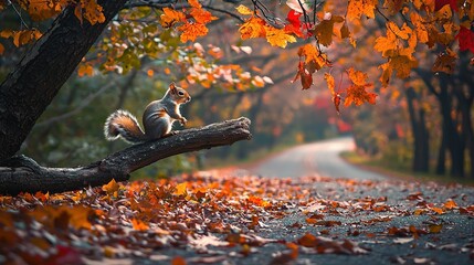 Wall Mural -   Squirrel on tree branch in road amidst orange-leafed trees