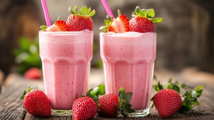 Two glasses of strawberry milkshakes garnished with fresh strawberries and served with pink straws on a wooden table. The milkshakes are creamy and pink, symbolizing summer, sweetness, and refreshment