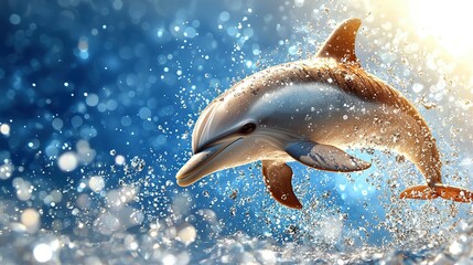   A dolphin leaps from the water with bubbles on its neck and a sunburst behind it