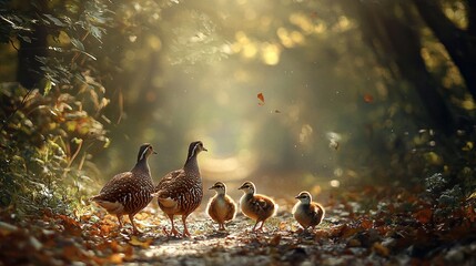 Wall Mural -   A flock of ducks strolled along a woodland trail, surrounded by fallen foliage, while a butterfly soared overhead