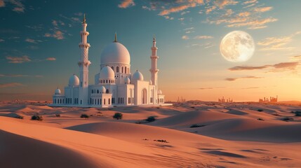 Wall Mural - A Mosque in the Desert at Sunset with a Full Moon