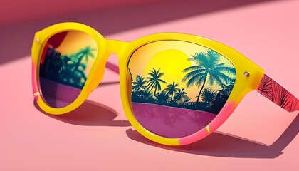 Poster - Vibrant sunglasses showcasing a tropical sunset reflection with bright yellow and pink patterned frames